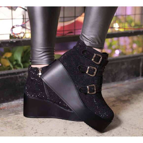 Lucky Step Women Black Round Toe Zipper Wedges High Heel Rave Buckle Booties - Picture 7 of 9